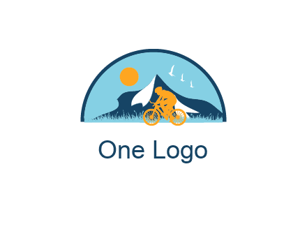Cyclist biking on a scenic route with mountains, birds and the sun in the background
