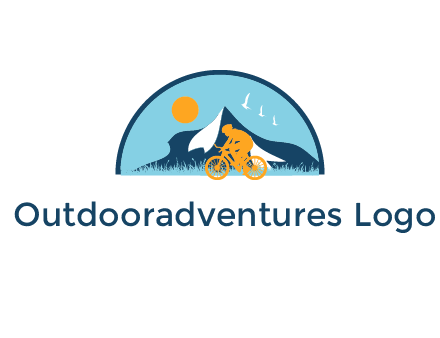 Cyclist biking on a scenic route with mountains, birds and the sun in the background