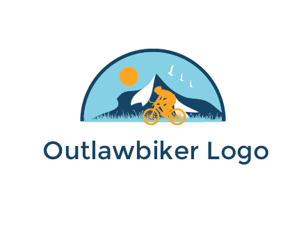 Cyclist biking on a scenic route with mountains, birds and the sun in the background