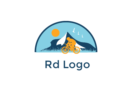 Cyclist biking on a scenic route with mountains, birds and the sun in the background