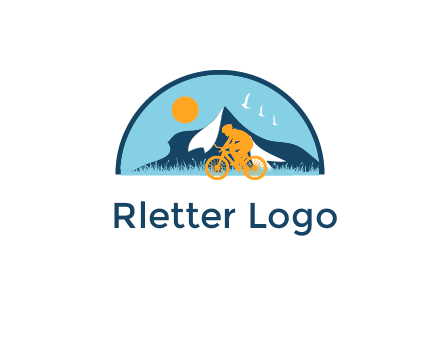 Cyclist biking on a scenic route with mountains, birds and the sun in the background