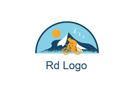Cyclist biking on a scenic route with mountains, birds and the sun in the background