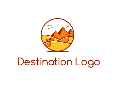 round logo showing a view of the desert and the pyramids