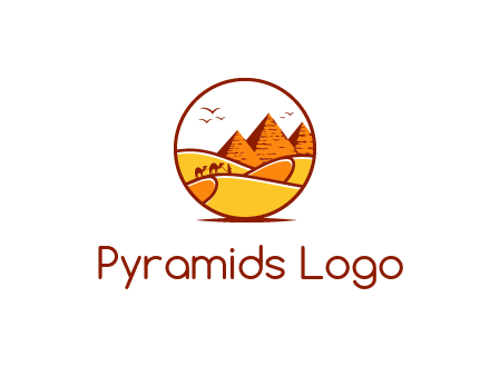 round logo showing a view of the desert and the pyramids