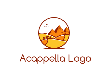 round logo showing a view of the desert and the pyramids