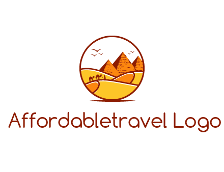round logo showing a view of the desert and the pyramids