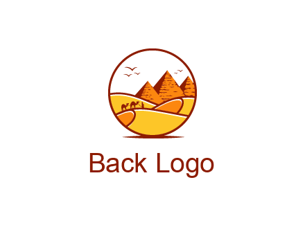 round logo showing a view of the desert and the pyramids