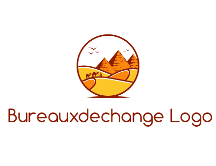 round logo showing a view of the desert and the pyramids