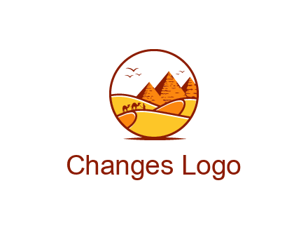 round logo showing a view of the desert and the pyramids