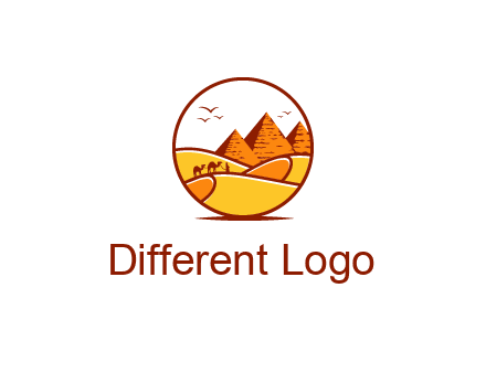 round logo showing a view of the desert and the pyramids