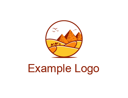 round logo showing a view of the desert and the pyramids