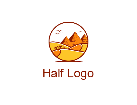 round logo showing a view of the desert and the pyramids