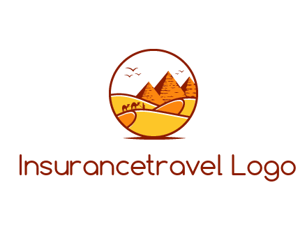 round logo showing a view of the desert and the pyramids