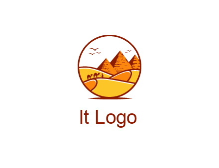 round logo showing a view of the desert and the pyramids