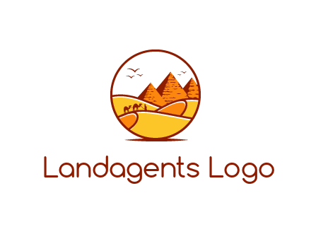 round logo showing a view of the desert and the pyramids