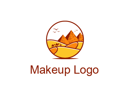 round logo showing a view of the desert and the pyramids