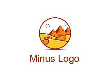 round logo showing a view of the desert and the pyramids