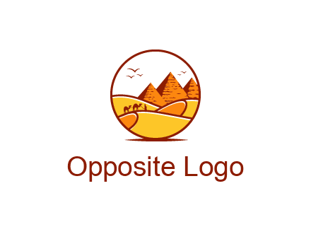 round logo showing a view of the desert and the pyramids