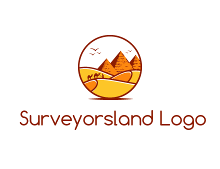 round logo showing a view of the desert and the pyramids