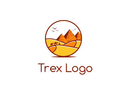 round logo showing a view of the desert and the pyramids