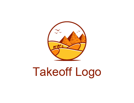 round logo showing a view of the desert and the pyramids