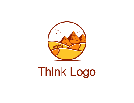 round logo showing a view of the desert and the pyramids