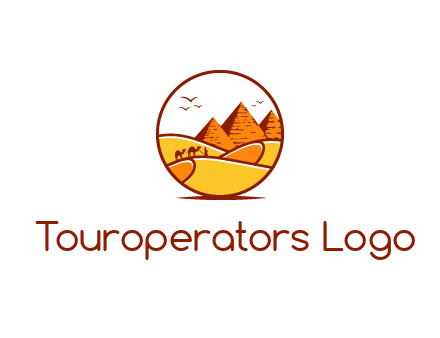 round logo showing a view of the desert and the pyramids