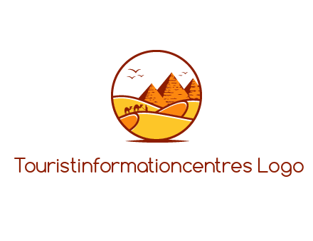 round logo showing a view of the desert and the pyramids