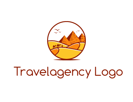 round logo showing a view of the desert and the pyramids