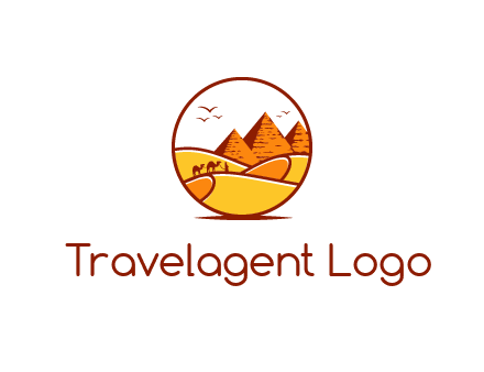 round logo showing a view of the desert and the pyramids
