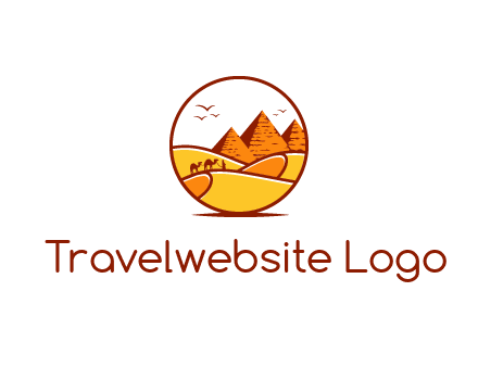 round logo showing a view of the desert and the pyramids