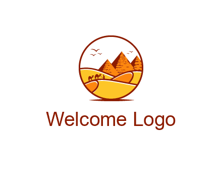 round logo showing a view of the desert and the pyramids