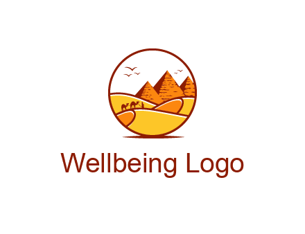 round logo showing a view of the desert and the pyramids