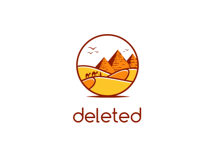 round logo showing a view of the desert and the pyramids