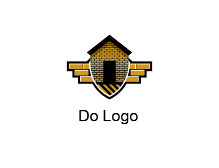 badge shape logo with a brick house