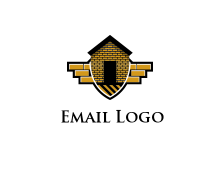 badge shape logo with a brick house