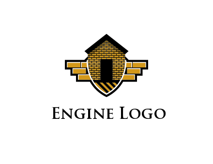 badge shape logo with a brick house