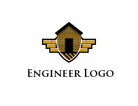 badge shape logo with a brick house