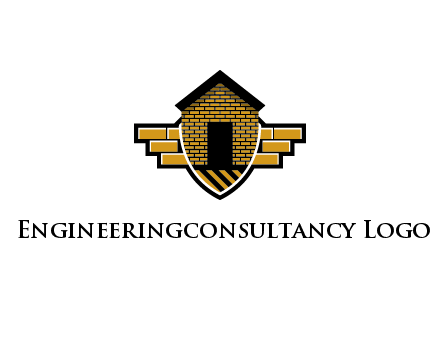 badge shape logo with a brick house