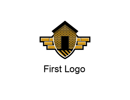 badge shape logo with a brick house