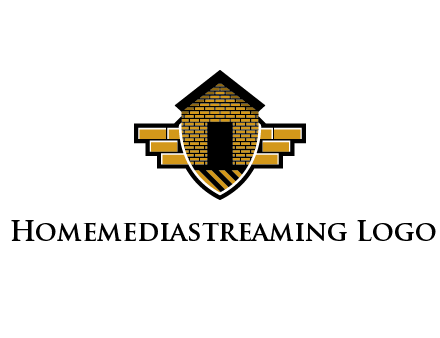 badge shape logo with a brick house
