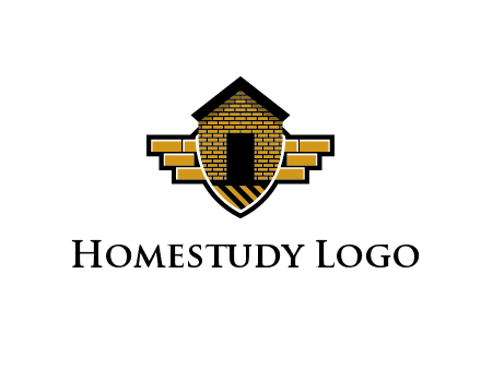 badge shape logo with a brick house