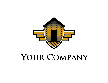 badge shape logo with a brick house
