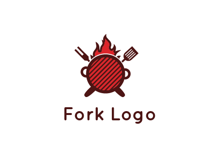flaming grill logo with a fork and spatula