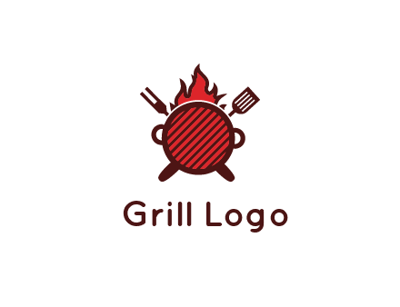 flaming grill logo with a fork and spatula