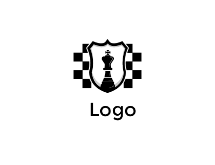 Chess king inside a badge shaped vector over a chessboard background logo