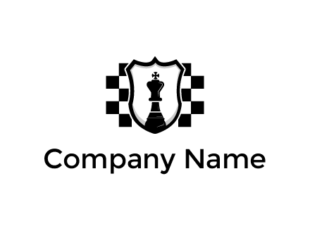 Chess king inside a badge shaped vector over a chessboard background logo