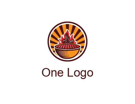 circular logo with a flaming grill