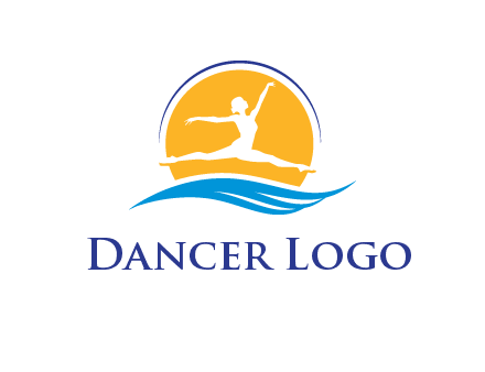 ballerina jumping over waves in front of the sun logo