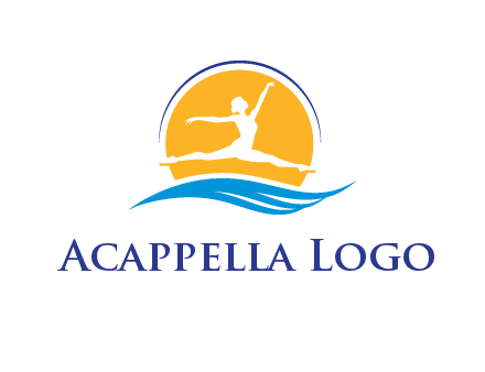 ballerina jumping over waves in front of the sun logo